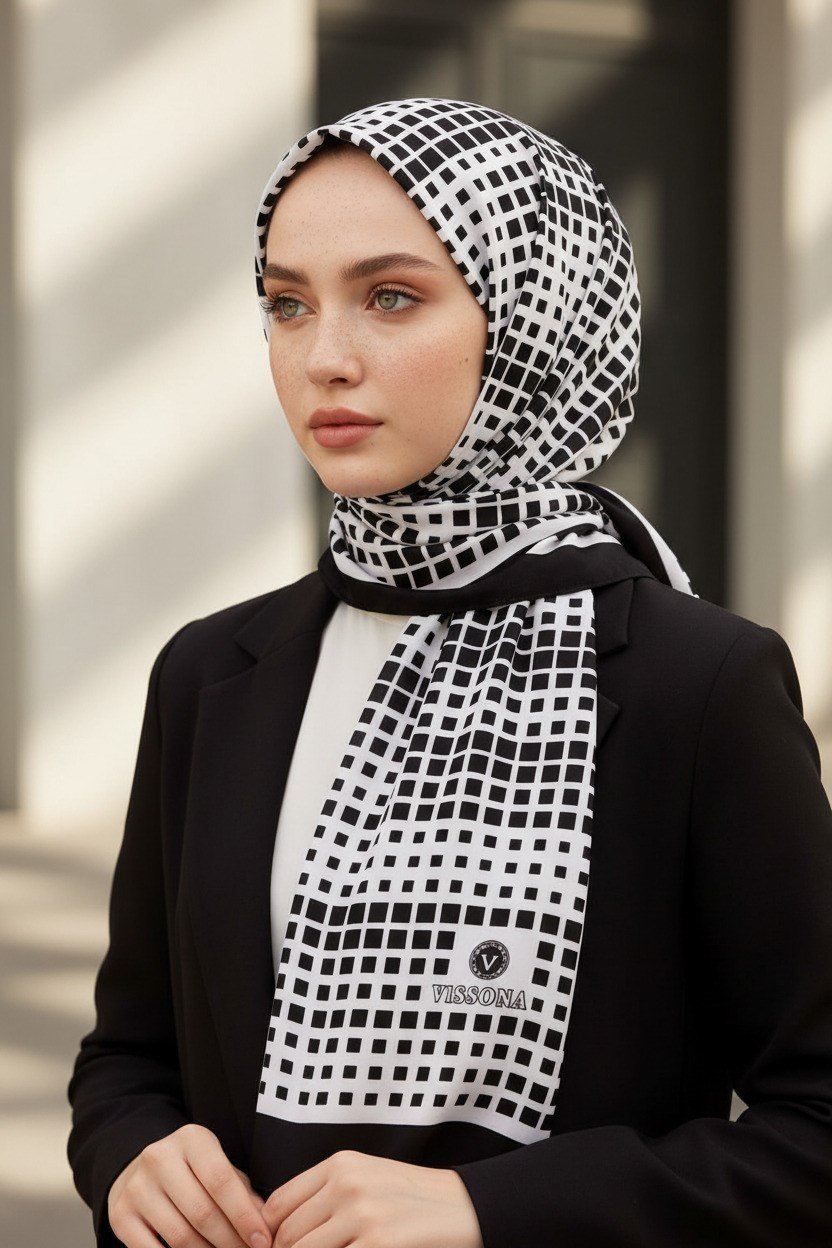 KREP GEOMETRİK DESENLİ SİYAH - BEYAZ RENKLİ 75X195 KIRIŞMAZ ŞAL
