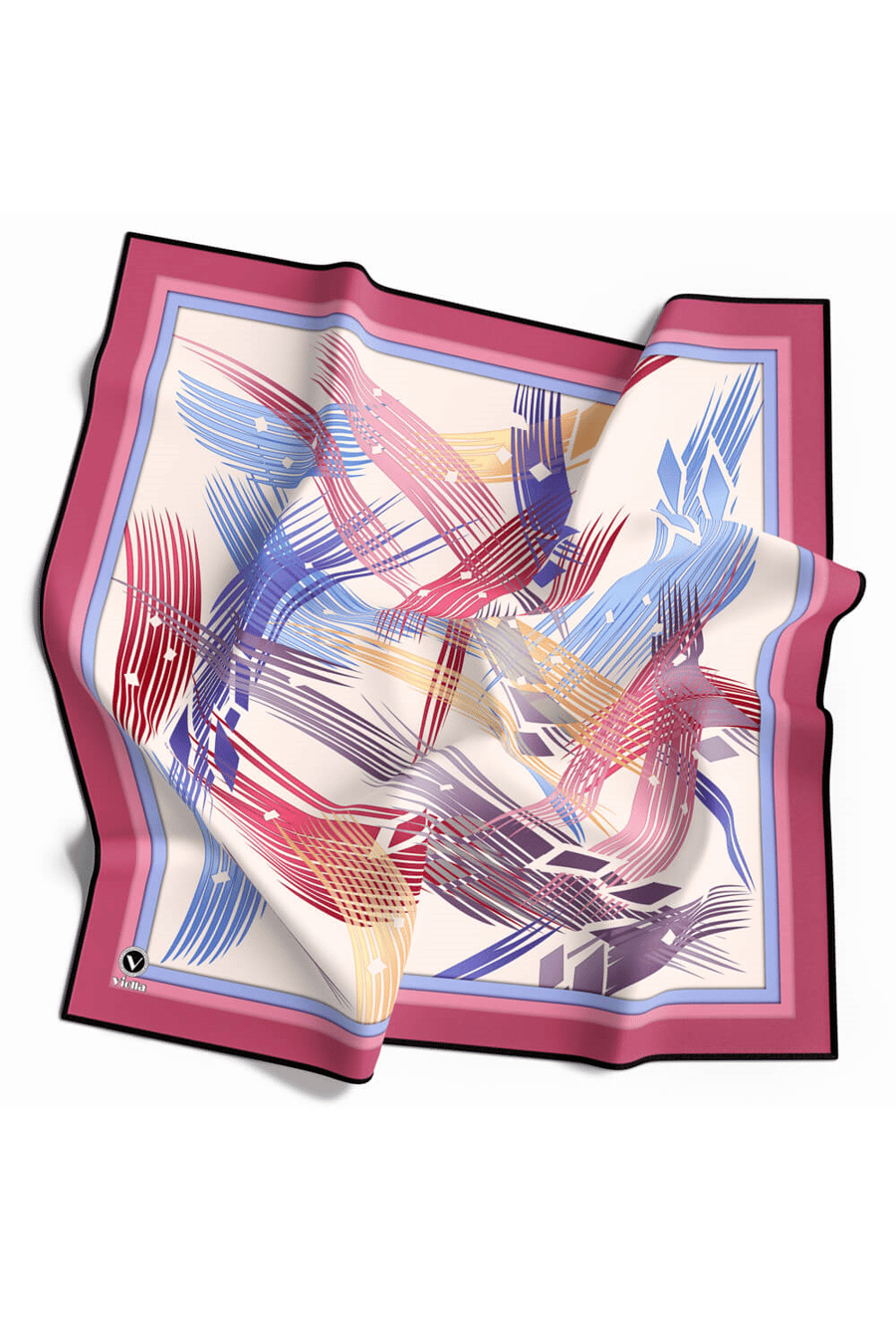 Twill Geometrik Desenli Pembe Renkli 90x90 Eşarp (İpek İçermez) Kenar Dikiş Şekli El Dikişli