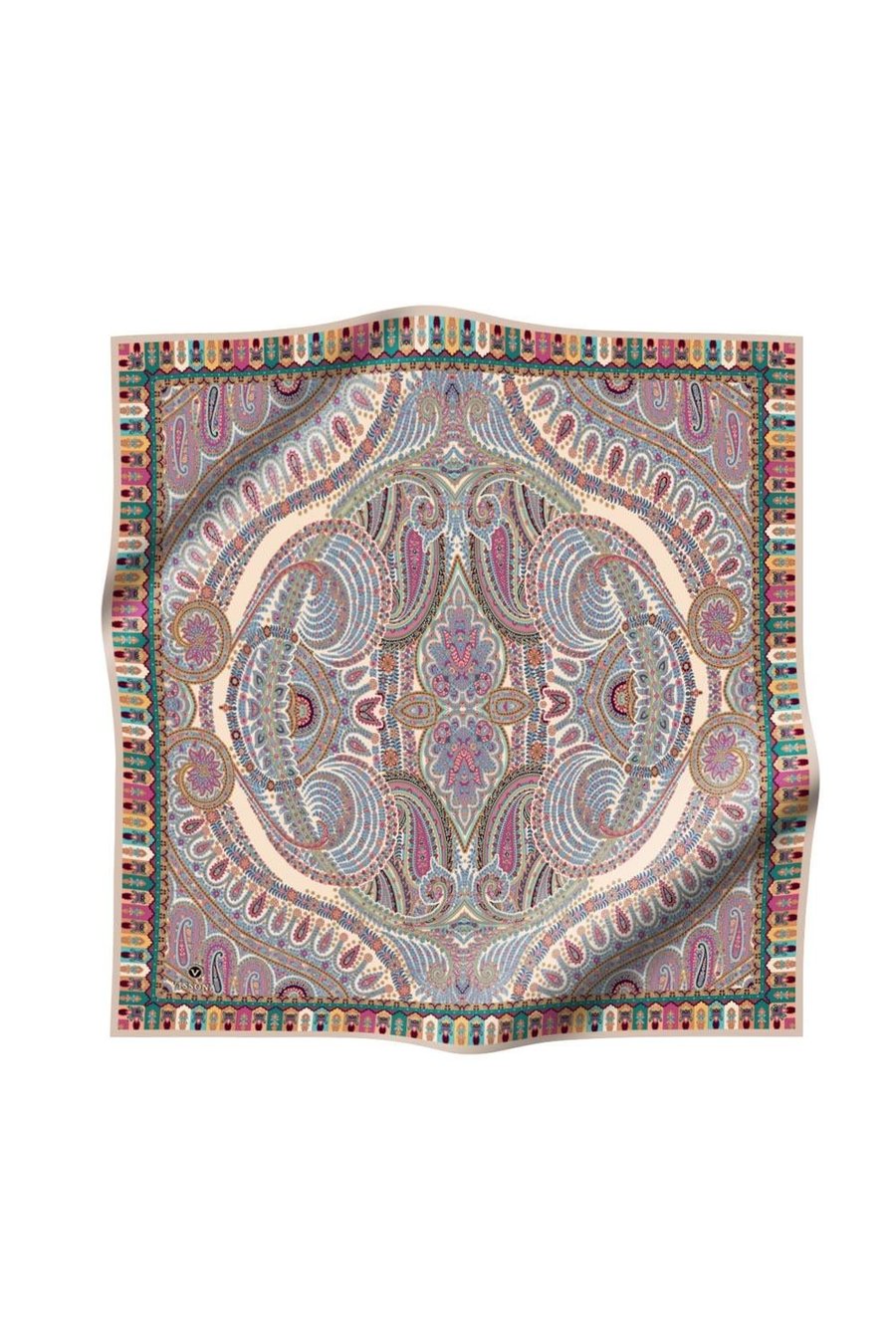 %100 Twill İpek Etro Desenli Vizon - İndigo Renkli 90x90 Eşarp Dikim Şekli : El Dikişi