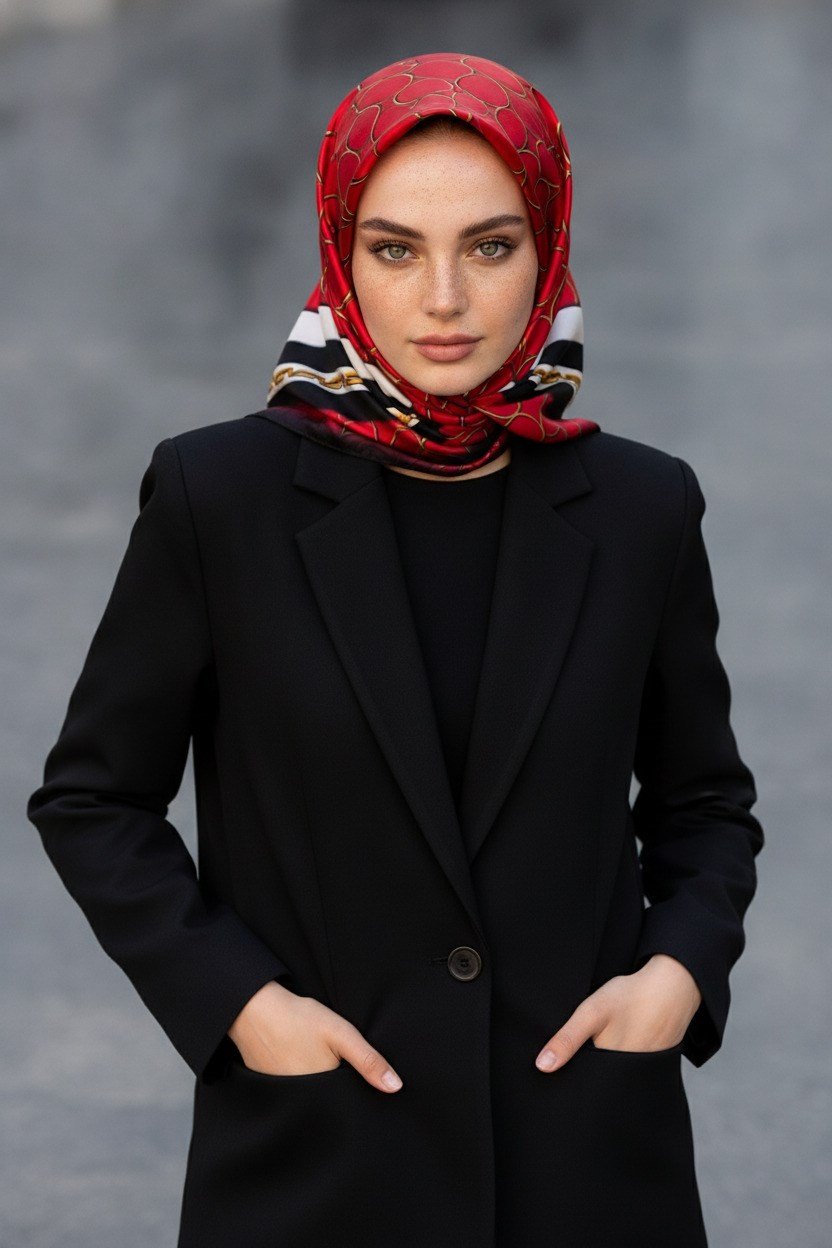 %100 Twill İpek Zincir Desenli Kırmızı - Siyah Renkli 90x90 Eşarp Kenar Dikiş Şekli El Dikişli