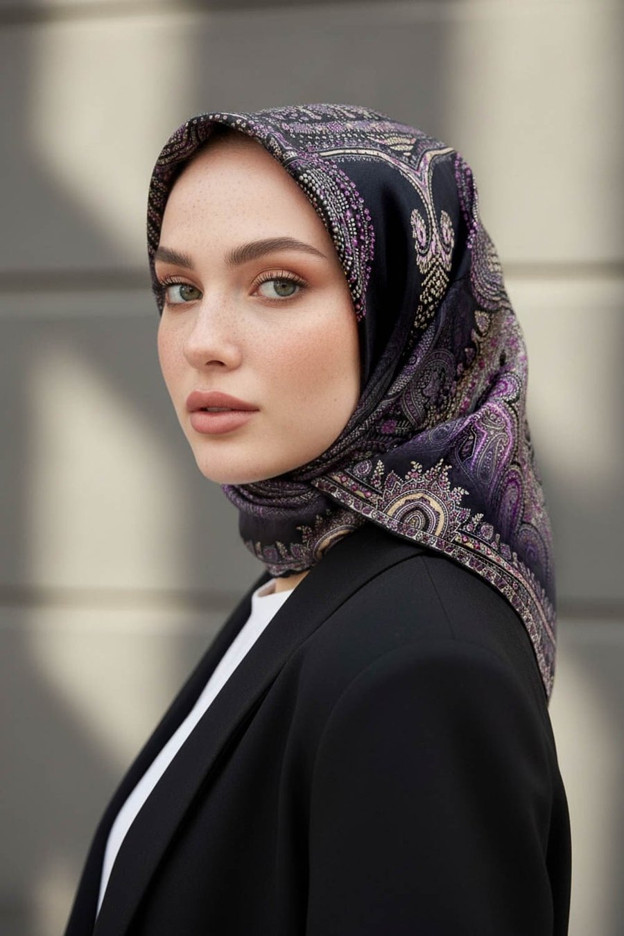 %100 Twill İpek Şal Desenli Siyah Renkli 90x90 Eşarp Dikim Şekli : El Dikişi