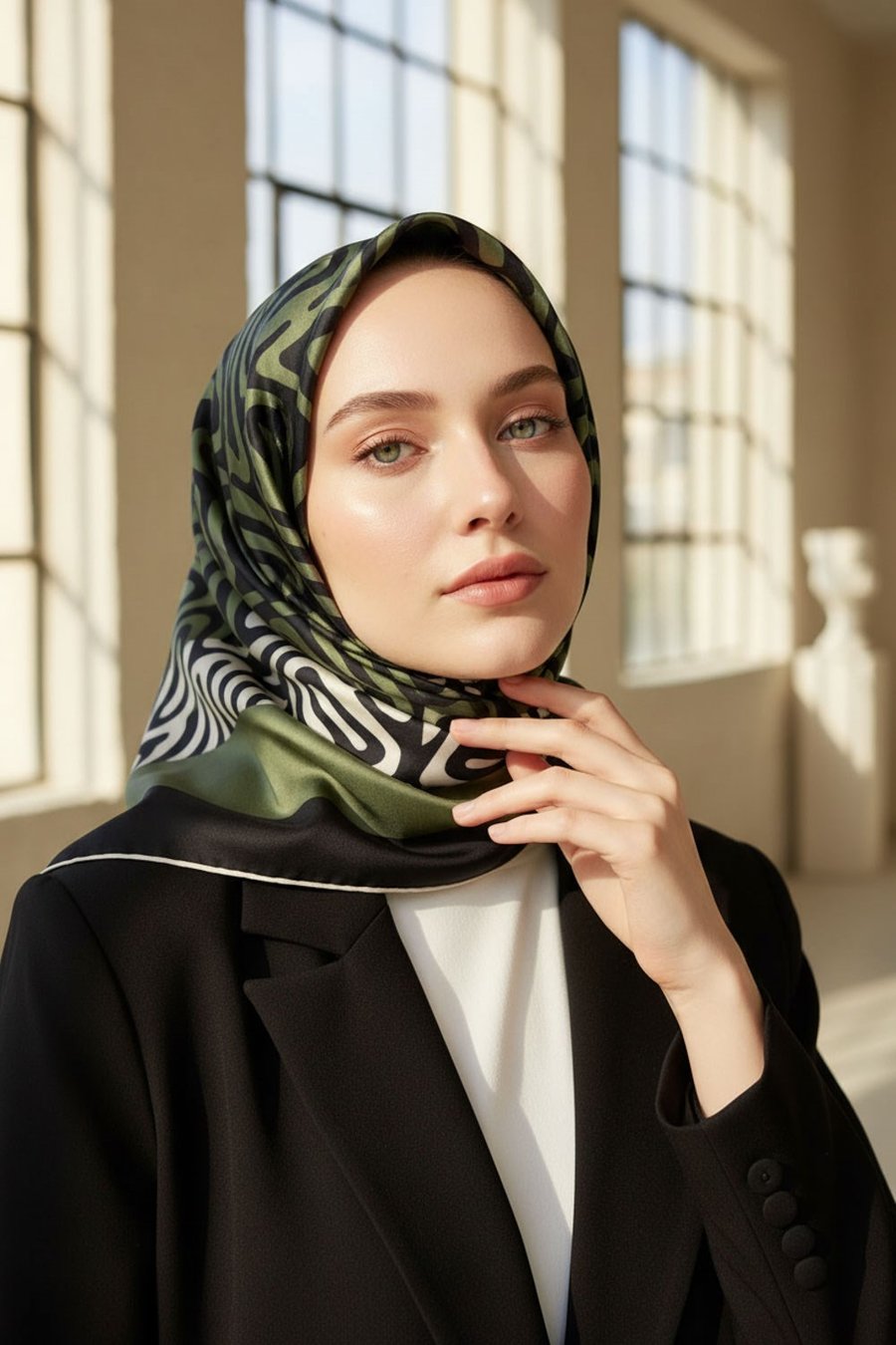 100% Twill İpek Bordürlü Dalga Desenli Siyah - Haki Renkli 90x90 Dikim Şekli : El Dikişi Eşarp