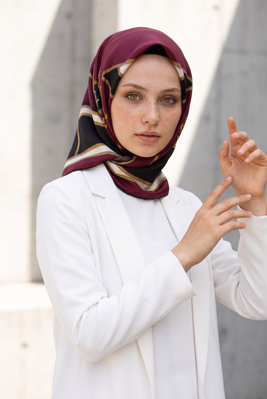 %100 Twill İpek Baroklu Ve Geometrik Desenli Bordo - Siyah Renkli 90x90 Eşarp Dikim Şekli : El Dikişi