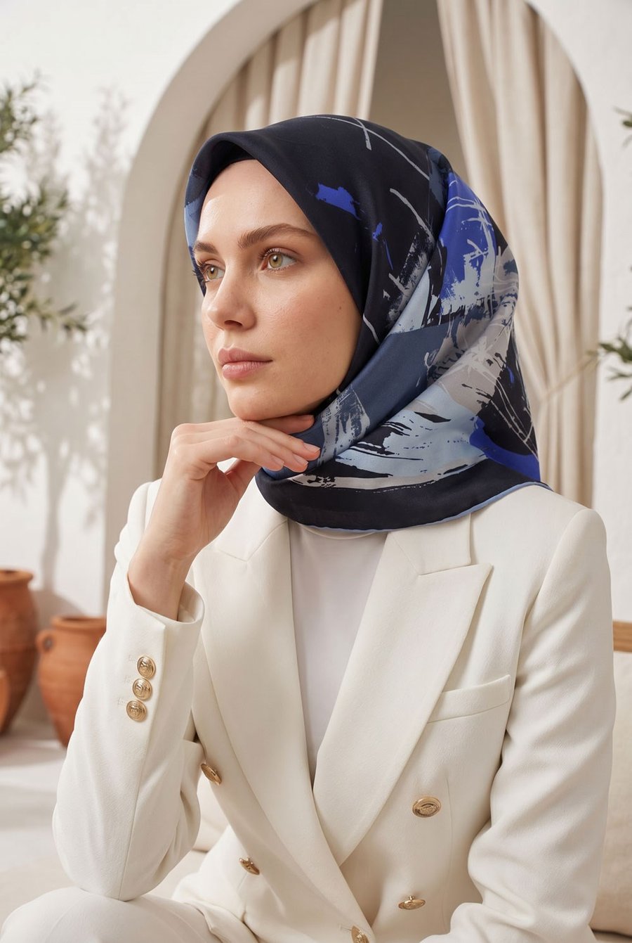 %100 Twill İpek Geometrik Desenli Lacivert - Bebe Mavisi Renkli 90x90 Eşarp Dikim Şekli : El Dikişi