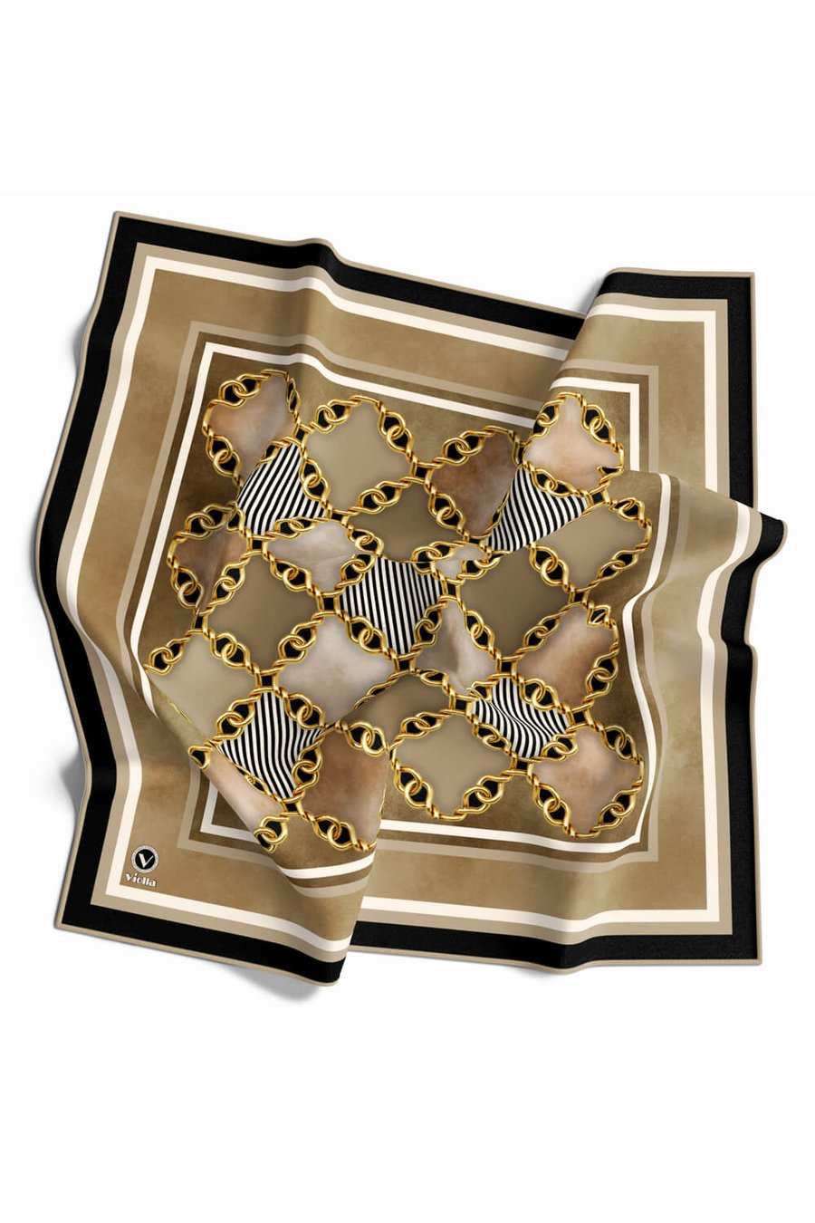 Twill Zincirli Geometrik Desenli Bej Renkli 90x90 Eşarp (İpek İçermez) Dikim Şekli : El Dikişi