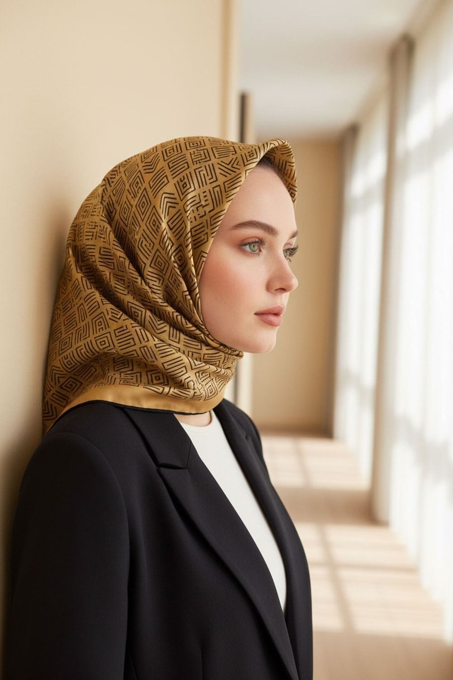 100% Twill İpek Etnik Motif Desenli Gold - Siyah Renkli 90x90 Dikim Şekli : El Dikişi Eşarp