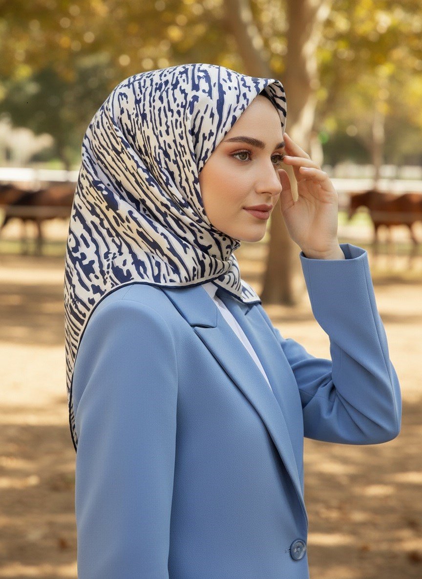 %100 Twill İpek Çizgi Desenli Krem - Lacivert Renkli 90x90 Eşarp Dikim Şekli : El Dikişi