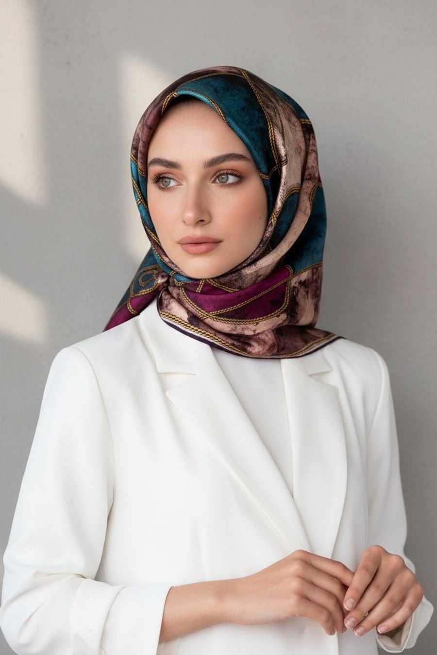 %100 Twill İpek Zincirli Mermer Desenli Mürdüm - Petrol Mavisi Renkli 90x90 Eşarp Dikim Şekli : El Dikişi