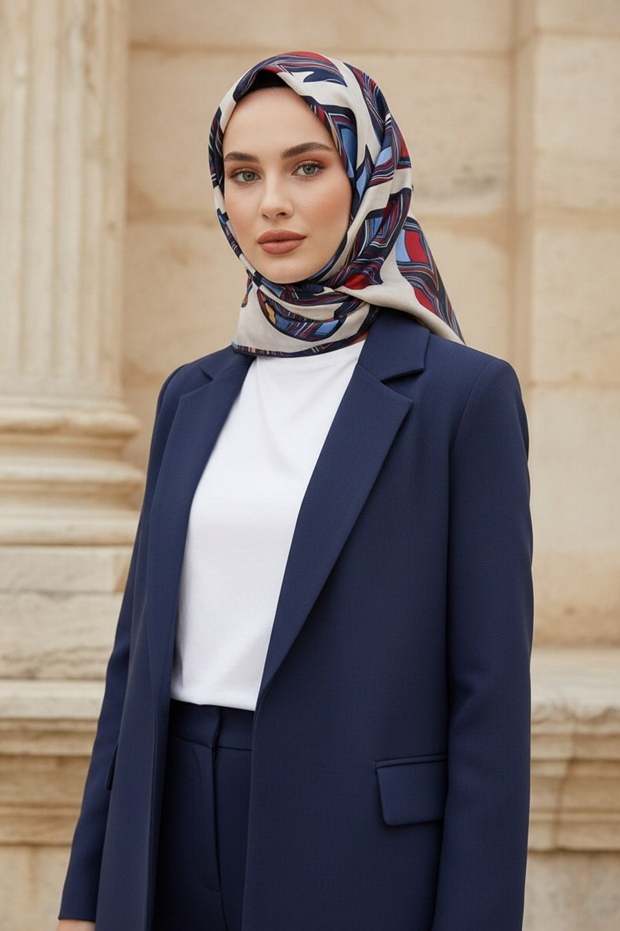%100 Twill İpek Geometrik Kare Desenli Kırmızı - Lacivert Renkli 90x90 Eşarp Dikim Şekli : El Dikişi
