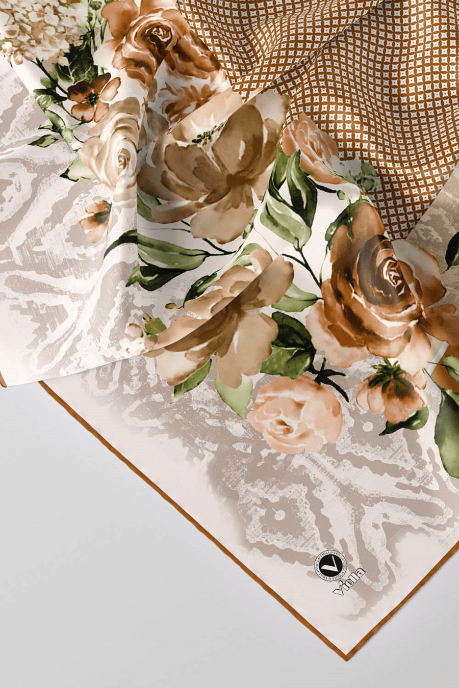 Twill Çiçek Desenli Hardal Renkli 90x90 Eşarp (İpek İçermez) Kenar Dikiş Şekli El Dikişli