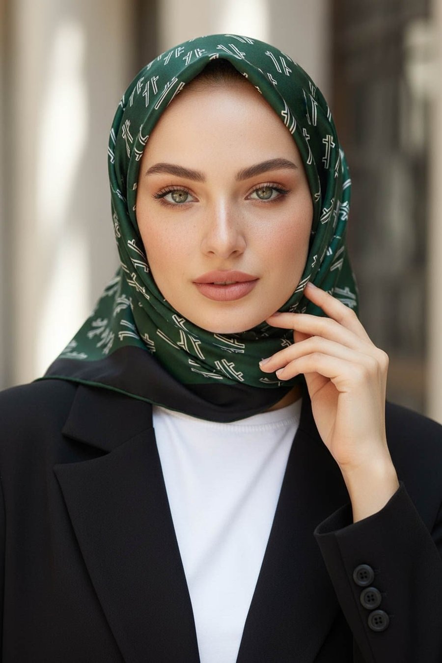%100 Twill İpek Geometrik Desenli Zümrüt Yeşili Renkli 90x90 Eşarp Dikim Şekli : El Dikişi