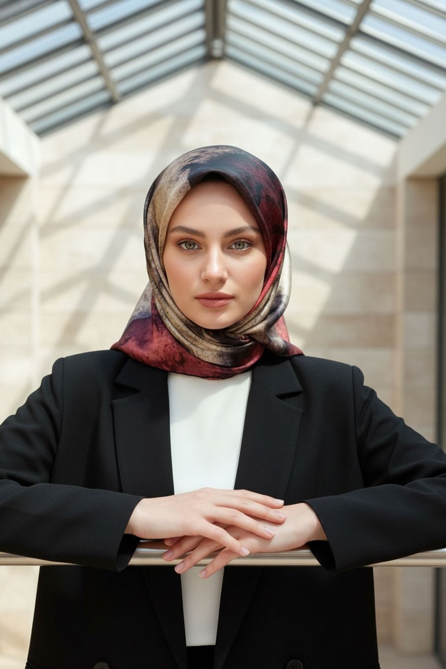 % 57 İPEK % 43 VİSKON Twill İpek Dokulu Ve Geometrik Desenli Bordo - Bej Renkli 90x90 Eşarp Dikim Şekli : El Dikişi
