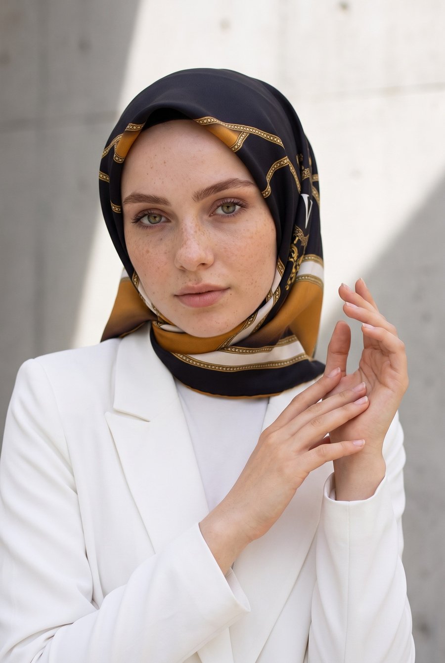 %100 Twill İpek Baroklu Ve Geometrik Desenli Hardal - Siyah  Renkli 90x90 Eşarp Dikim Şekli : El Dikişi