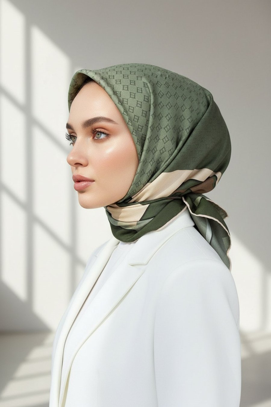 %100 Twill İpek Degrade Desenli Haki - Bej Renkli 90x90 Eşarp Dikim Şekli : El Dikişi