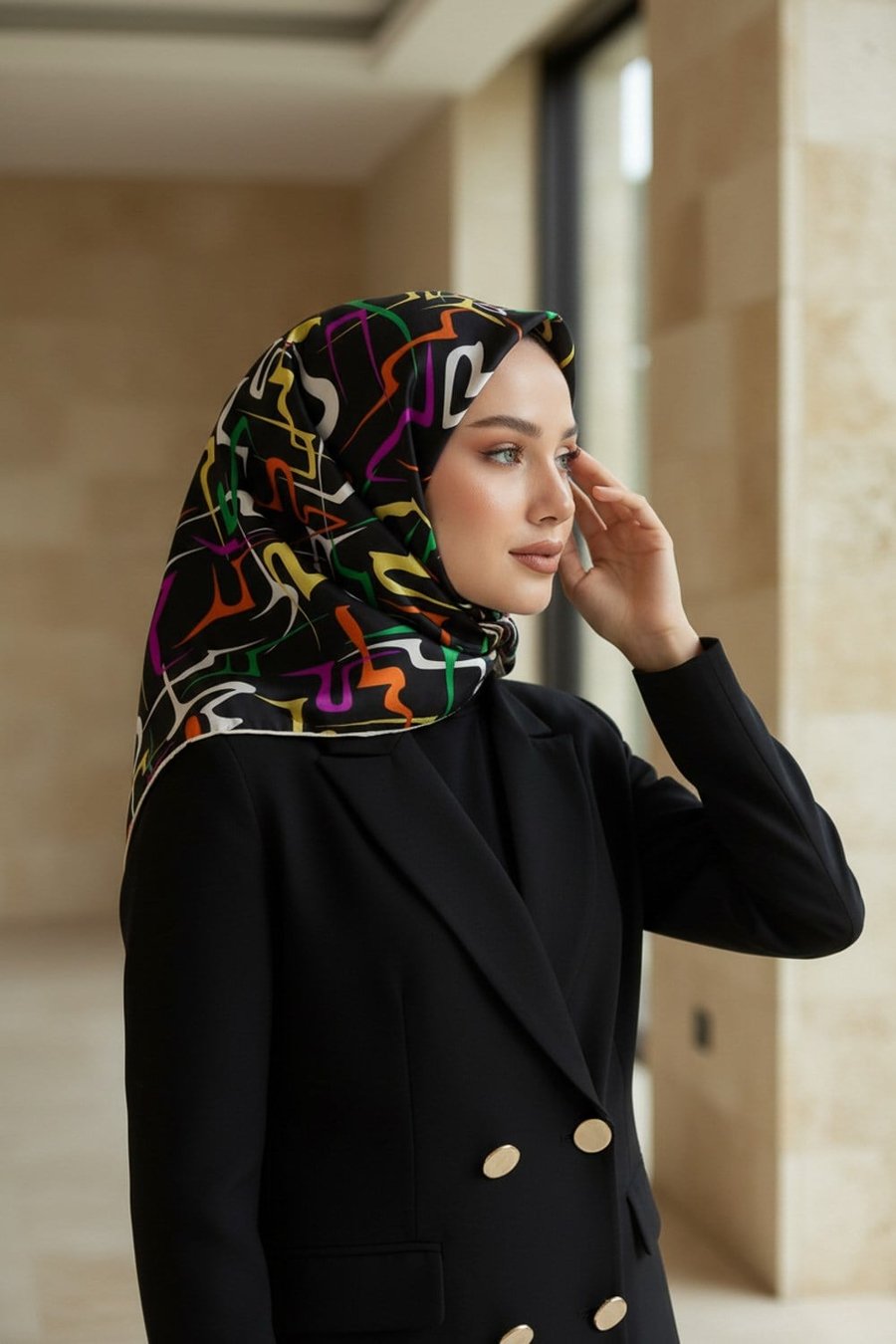%100 Twill İpek Soyut Geometrik Desenli Fuşya - Sarı Renkli 90x90 Eşarp Dikim Şekli : El Dikişi