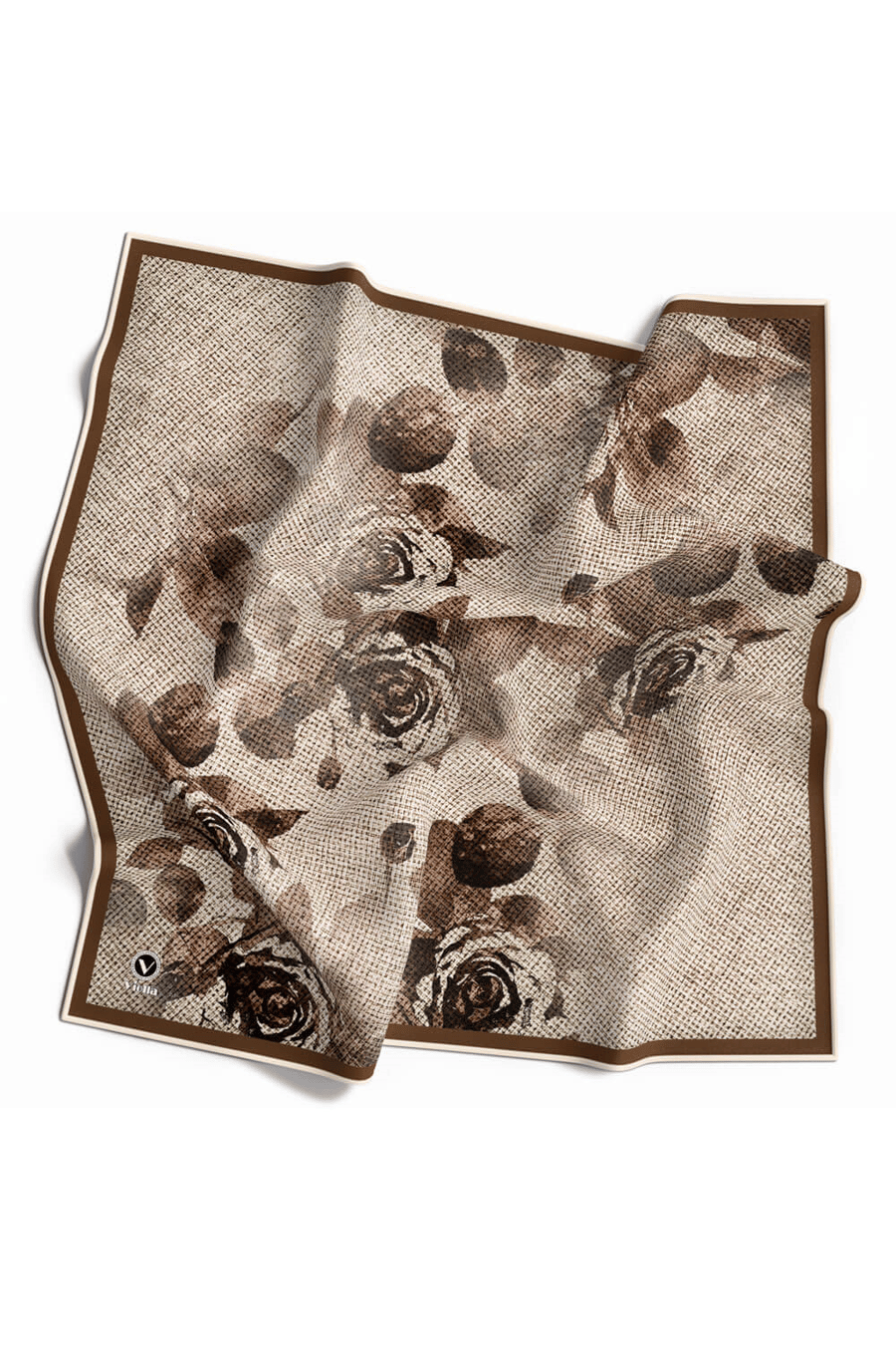 Twill Gül Desenli Bej Renkli 90x90 Eşarp (İpek İçermez) Kenar Dikiş Şekli El Dikişli