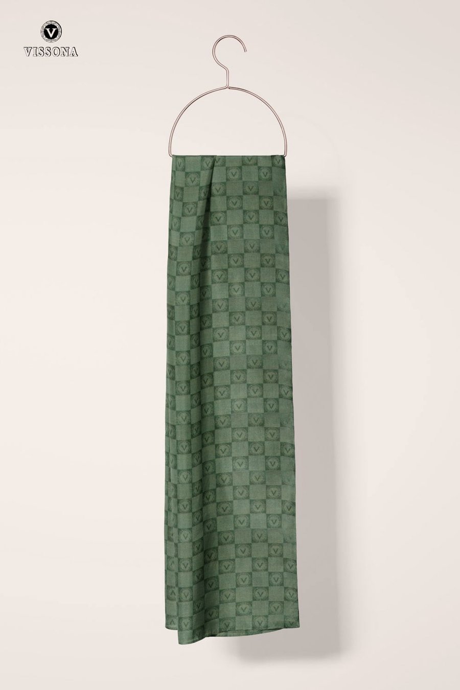 Vissona %57 İPEK %43 PAMUK Monogram Desenli Haki Yeşili Renkli Şal -  70x190 Dikiş Tipi İtalyan Dikişli
