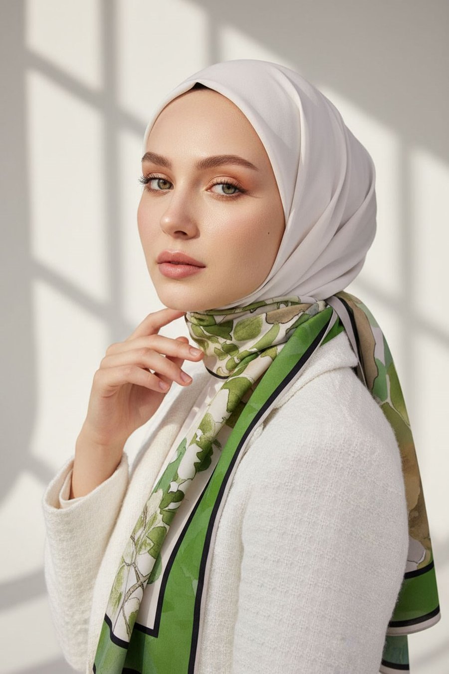 KREP ÇİÇEK DESENLİ ZÜMRÜT YEŞİLİ - İNDİGO RENKLİ 75X195 KIRIŞMAZ ŞAL