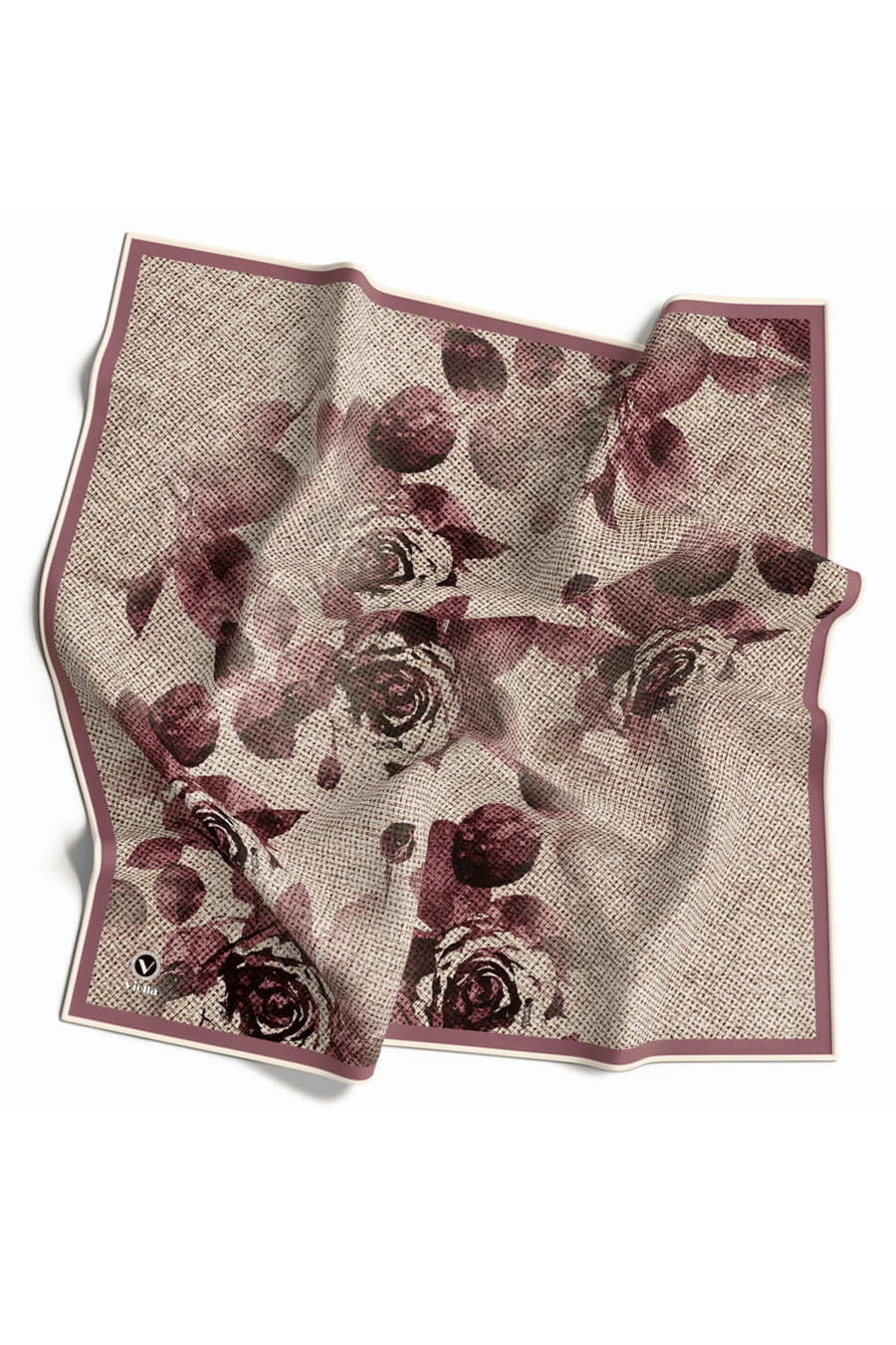 Twill Gül Desenli Pudra Renkli 90x90 Eşarp (İpek İçermez) Kenar Dikiş Şekli El Dikişli