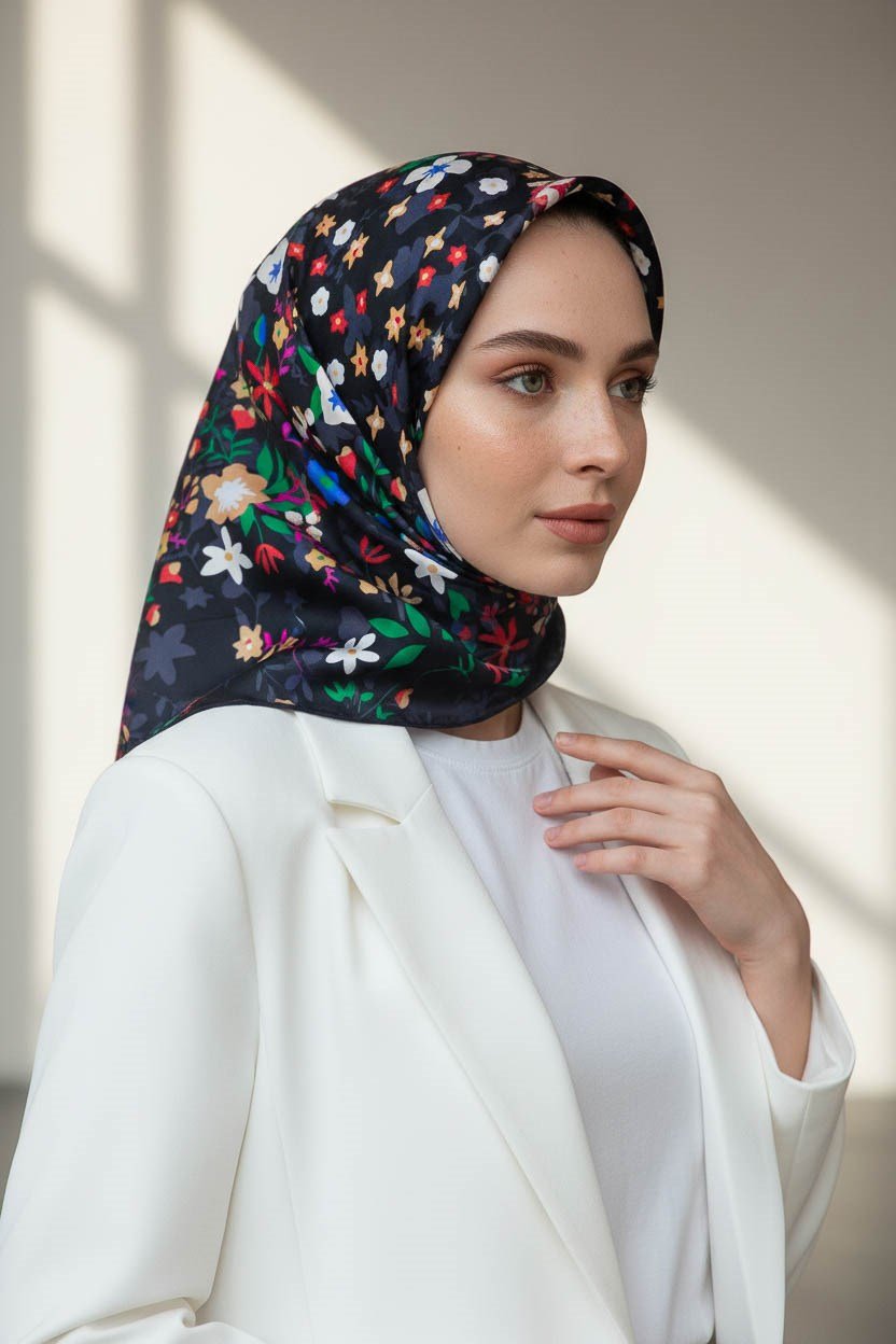 %100 Twill İpek Çıtır Çiçek Desenli Siyah - Fuşya Renkli 90x90 Eşarp Dikim Şekli : El Dikişi