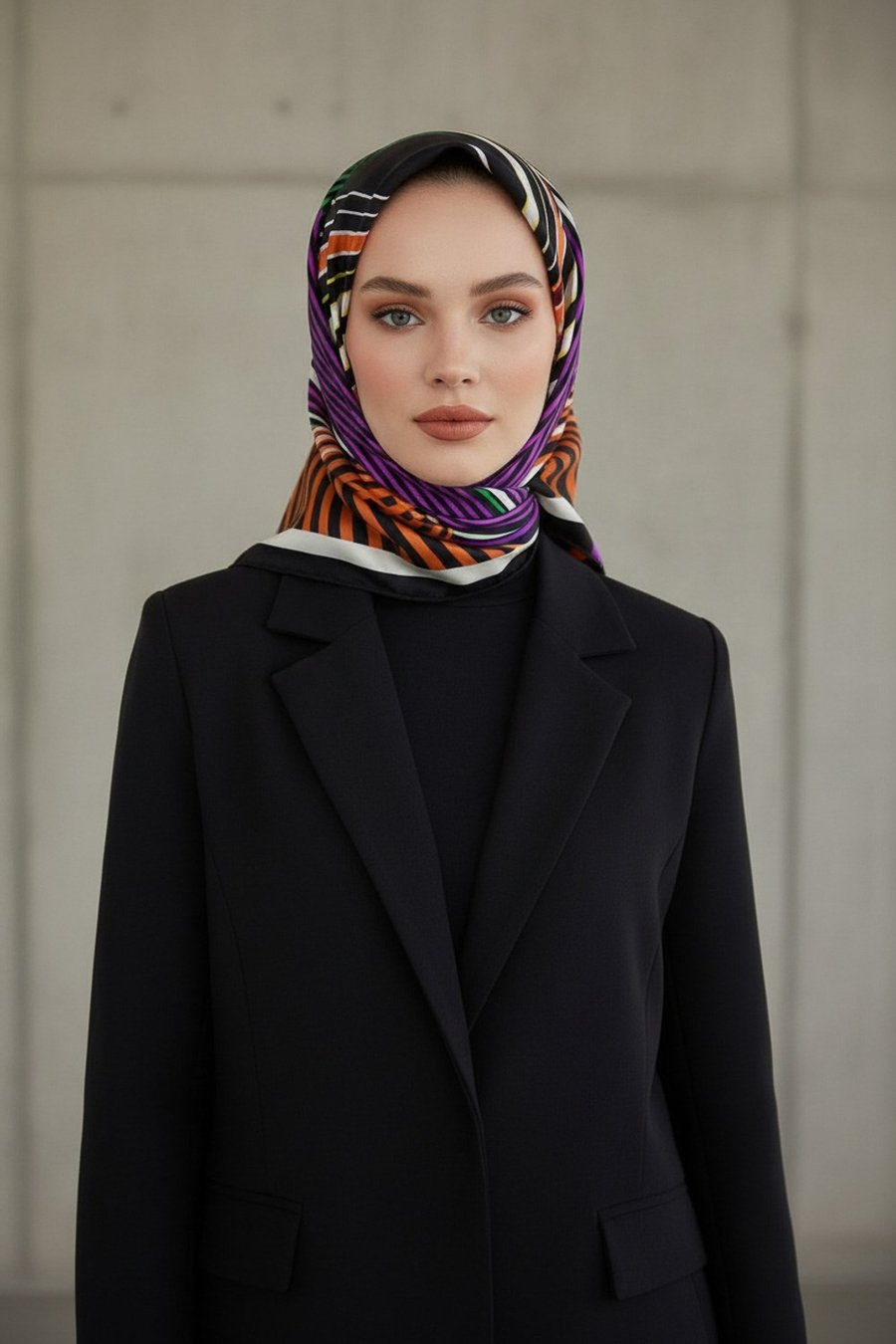%100 Twill İpek Çizgili Desenli Turuncu - Fuşya Renkli 90x90 Eşarp Dikim Şekli : El Dikişi