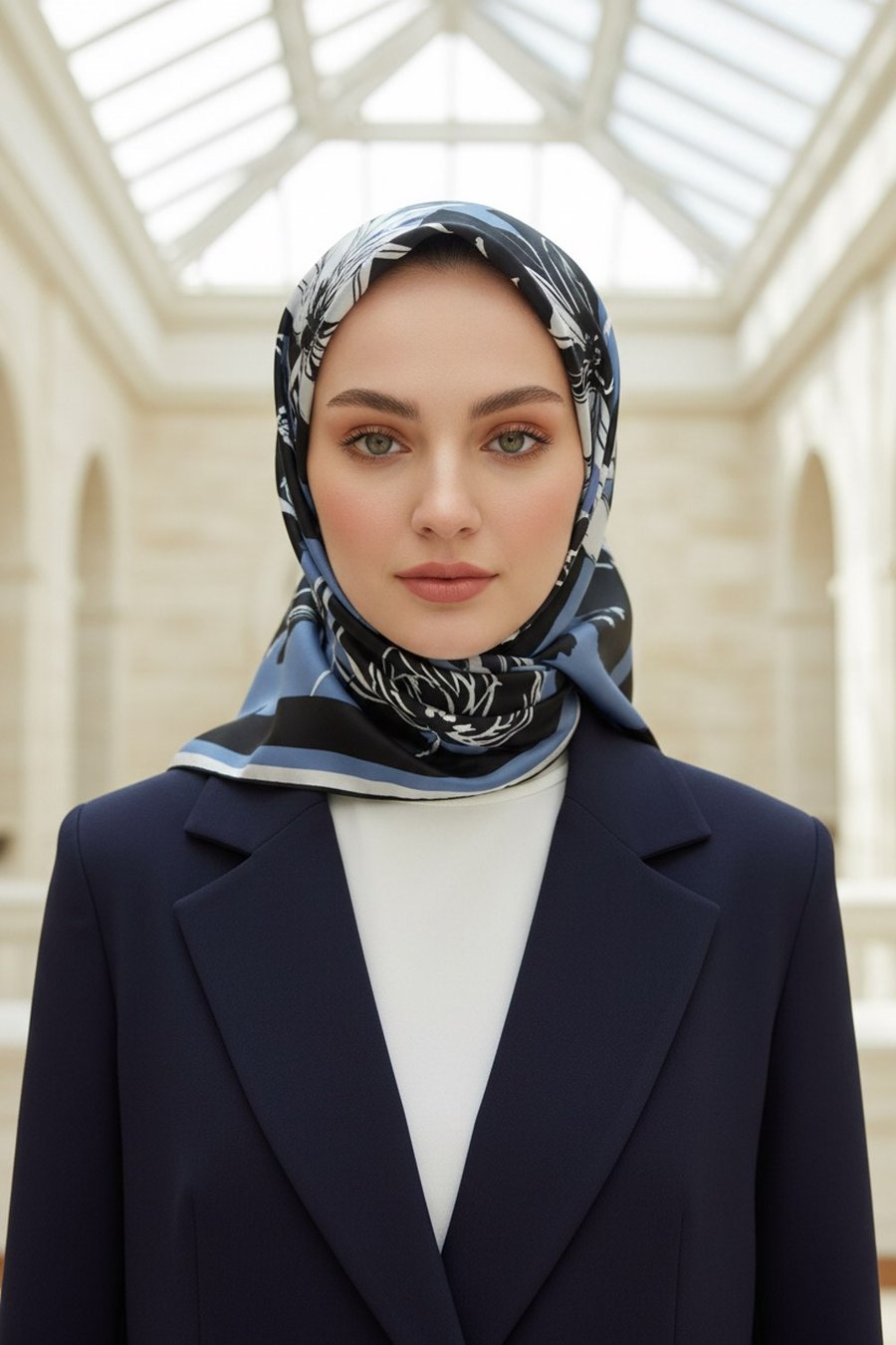 %100 Twill İpek Çiçekli ve Geometrik Desenli İndigo - Siyah Renkli 90x90 Eşarp Dikim Şekli : El Dikişi