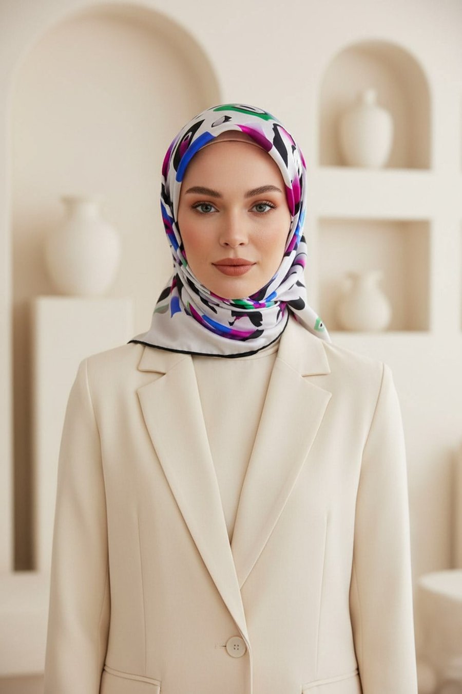 %100 Twill İpek Geometrik Desenli Fuşya - Saks Renkli 90x90 Eşarp Dikim Şekli : El Dikişi