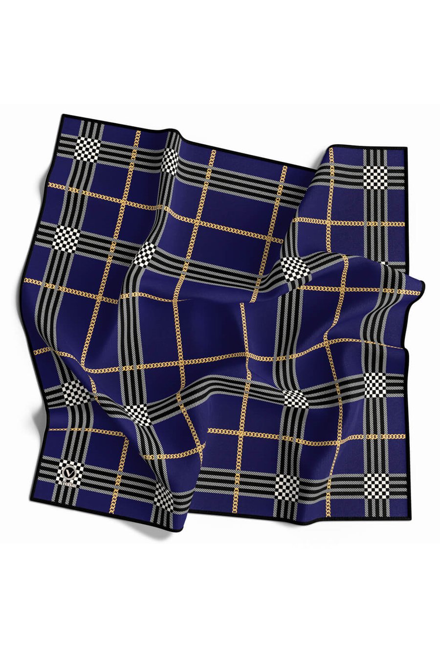 Twill Ekose Desenli Lacivert Renkli 90x90 Eşarp (İpek İçermez) Kenar Dikiş Şekli El Dikişli