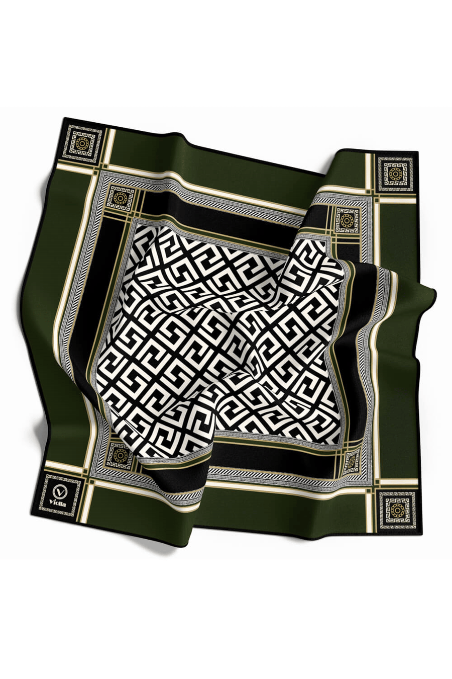 Twill Antik Desenli Zümrüt Yeşili Renkli 90x90 Eşarp (İpek İçermez) Kenar Dikiş Şekli El Dikişli