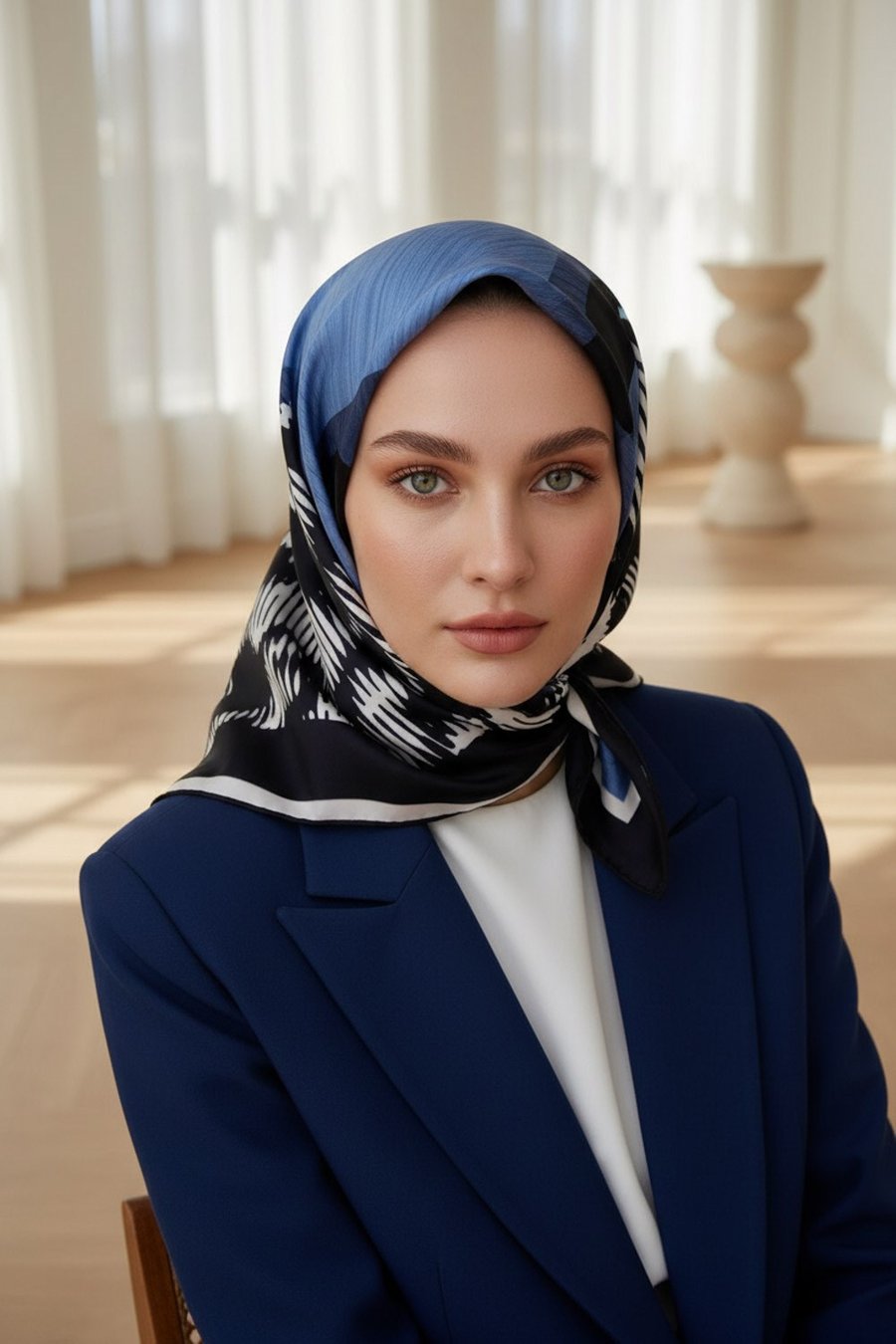 %100 Twill İpek Kazayağı Desenli İndigo - Lacivert Renkli 90x90 Eşarp Kenar Dikiş Şekli El Dikişli