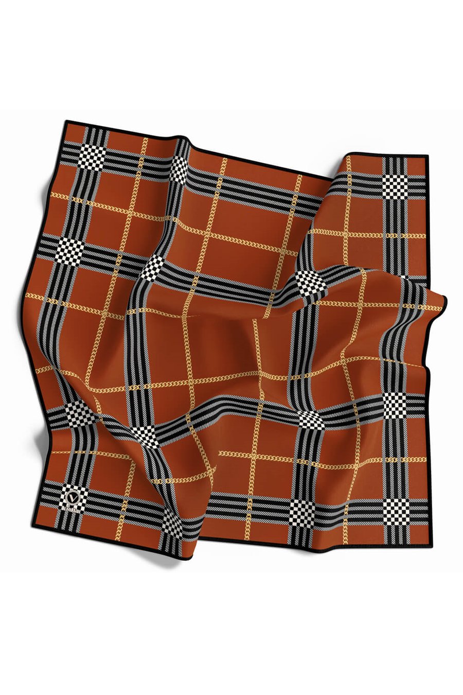 Twill Ekose Desenli Taba Renkli 90x90 Eşarp (İpek İçermez) Kenar Dikiş Şekli El Dikişli