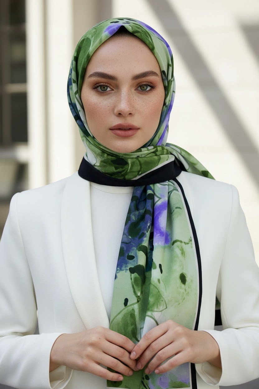 KREP SULU BOYA YAPRAK DESENLİ ZÜMRÜT YEŞİLİ RENKLİ 75X195 KIRIŞMAZ ŞAL