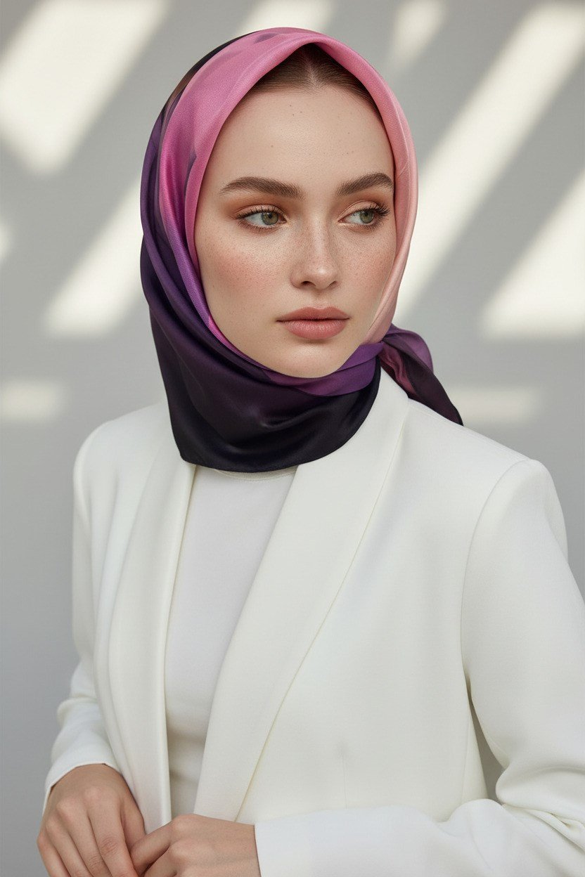 %100 Twill İpek Gül Desenli Lila - Somon Renkli 90x90 Eşarp Dikim Şekli : El Dikişi