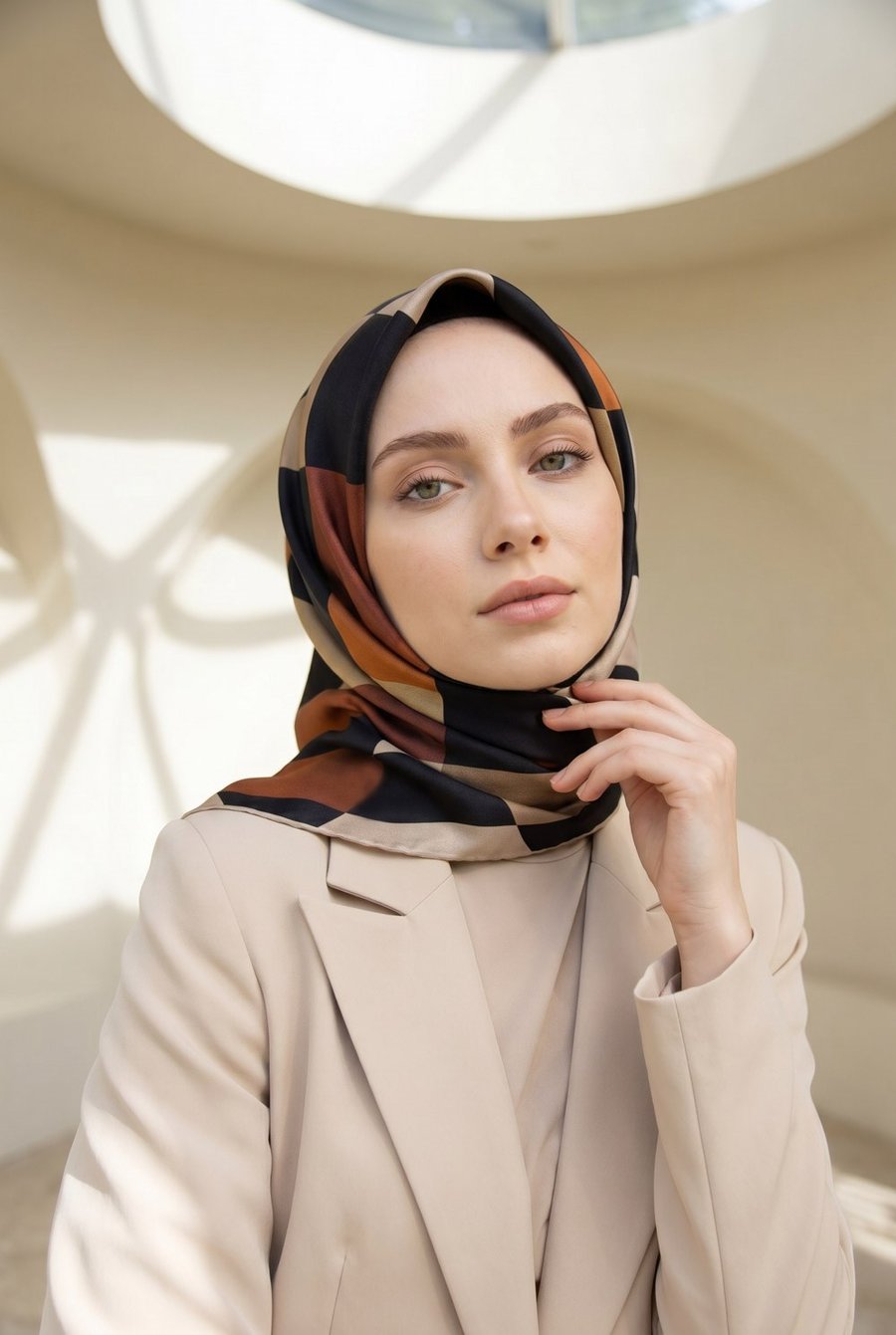 %100 Twill İpek Geometrik Desenli Taba - Bej Renkli 90x90 Eşarp Dikim Şekli : El Dikişi