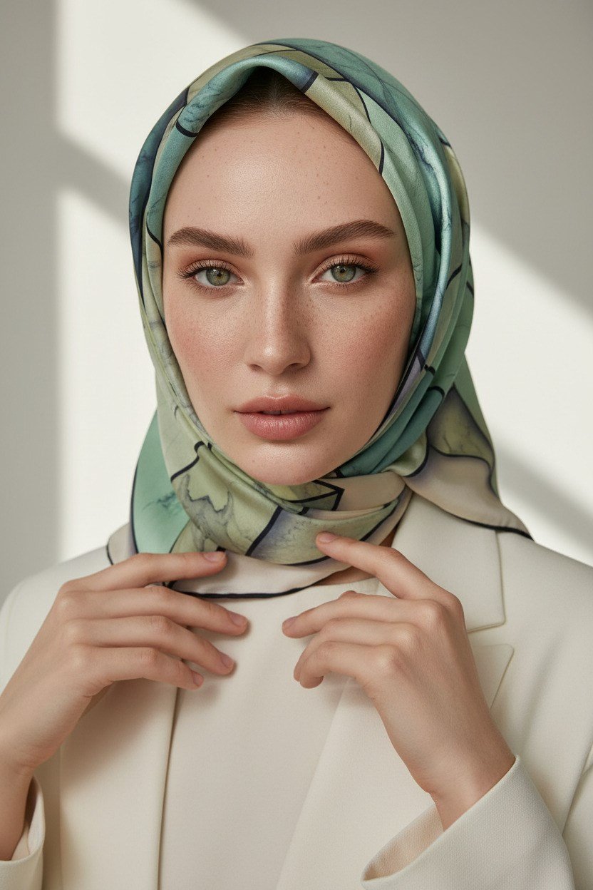 %100 Twill İpek Mermer Desenli Mint Yeşili - Haki Renkli 90x90 Eşarp Dikim Şekli : El Dikişi