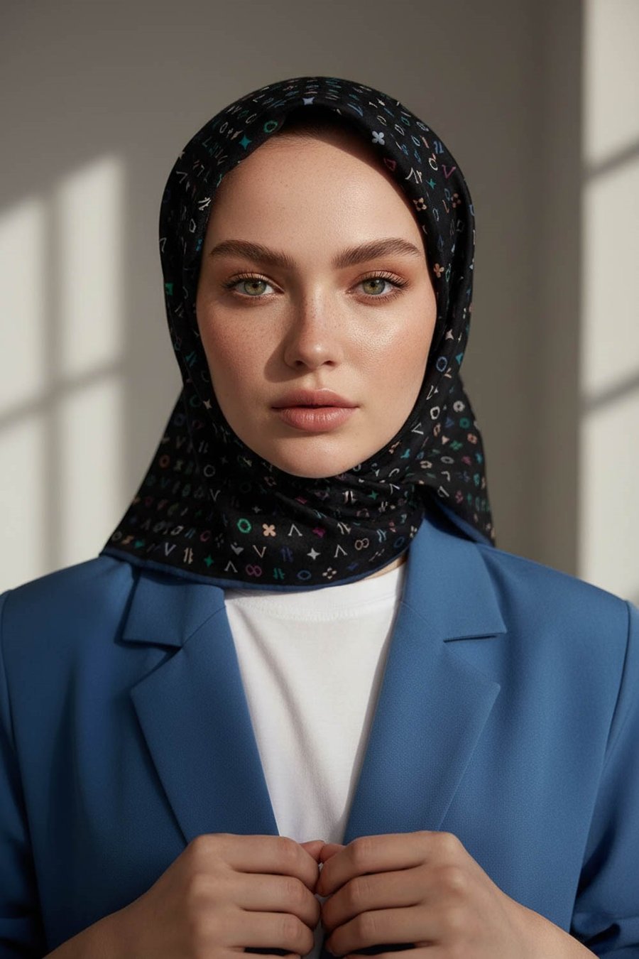 %100 Twill İpek Çıtır Motif Desenli Siyah - İndigo Renkli 90x90 Eşarp Dikim Şekli : El Dikişi