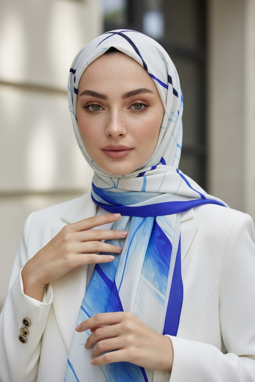 KREP ÇİZGİ DESENLİ SAKS RENKLİ 75X195 KIRIŞMAZ ŞAL