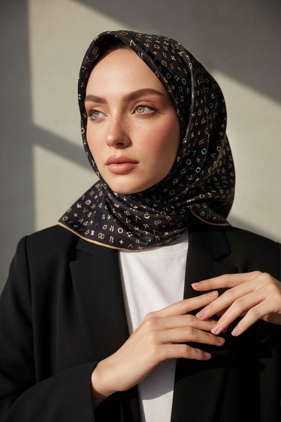 %100 Twill İpek Çıtır Motif Desenli Siyah - Bej Renkli 90x90 Eşarp Dikim Şekli : El Dikişi