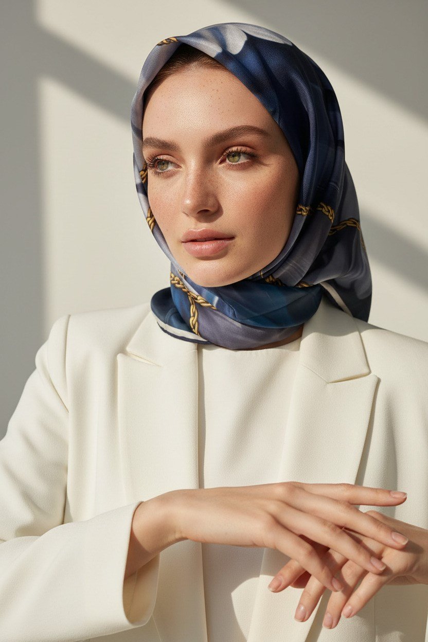 % 57 İPEK % 43 VİSKON Twill İpek Çiçek Geometrik Desenli lacivert  Renkli 90x90 Eşarp Dikim Şekli : El Dikişi