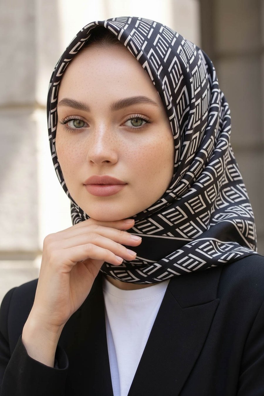 %100 Twill İpek Geometrik Desenli Siyah - Krem Renkli 90x90 Eşarp Dikim Şekli : El Dikişi