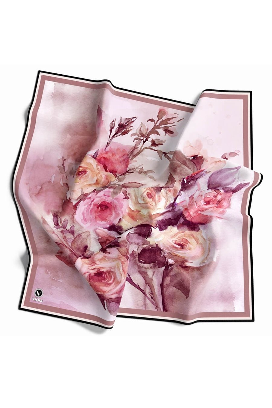 Rayon Çiçek Desenli Gül Kurusu Renkli 90x90 Eşarp (İpek İçermez) Kenar Dikiş Şekli El Dikişli