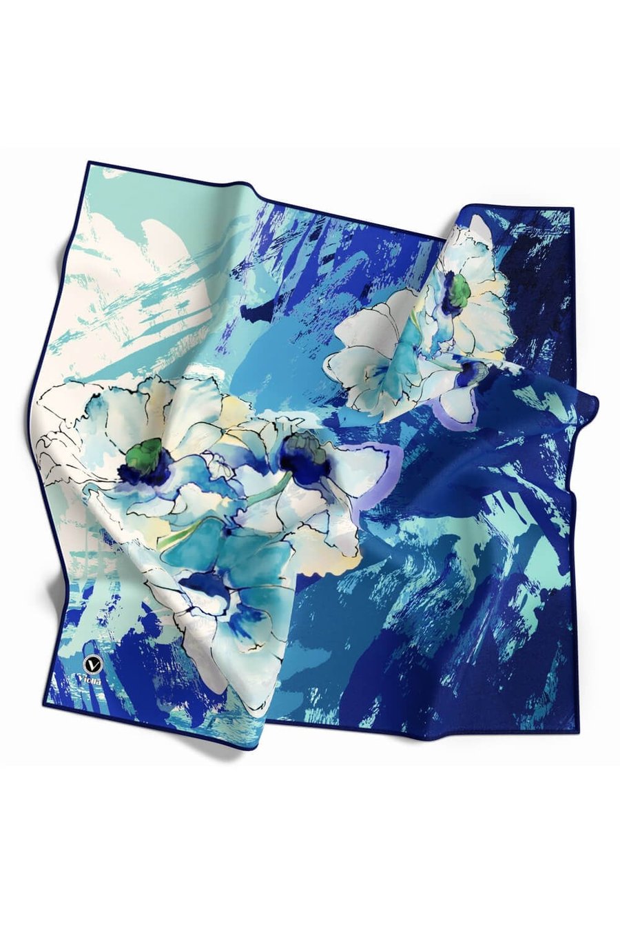 Twill Çiçek Desenli Saks Renkli 90x90 Eşarp (İpek İçermez) Dikim Şekli : El Dikişi