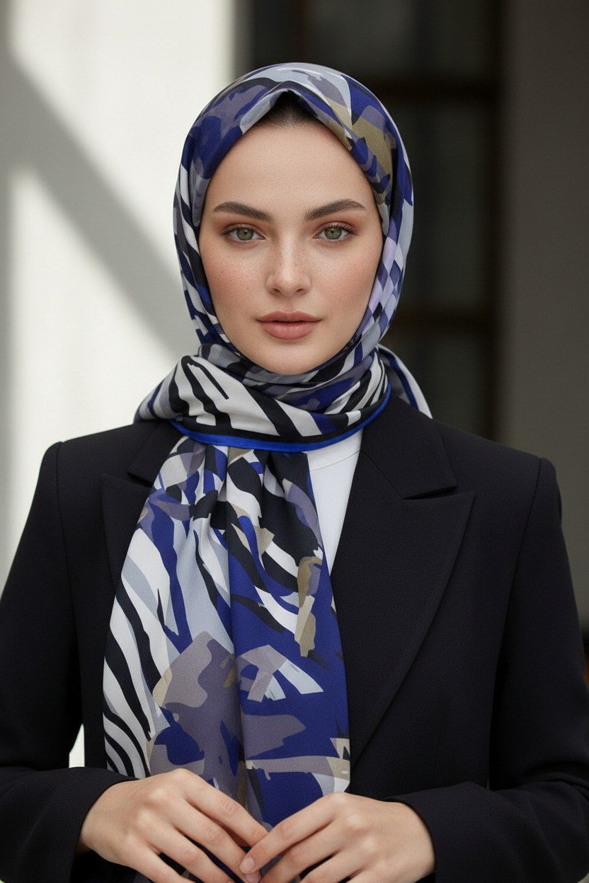 KREP ZEBRA VE ÇİÇEK DESENLİ SAKS RENKLİ 75X195 KIRIŞMAZ ŞAL