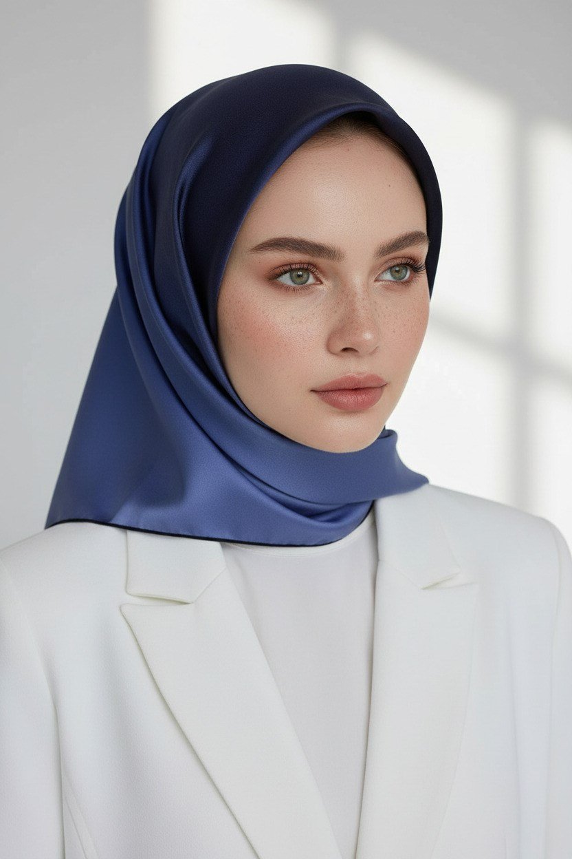 %100 Twill İpek Degrade Desenli Lacivert Renkli 90x90 Eşarp Dikim Şekli : El Dikişi