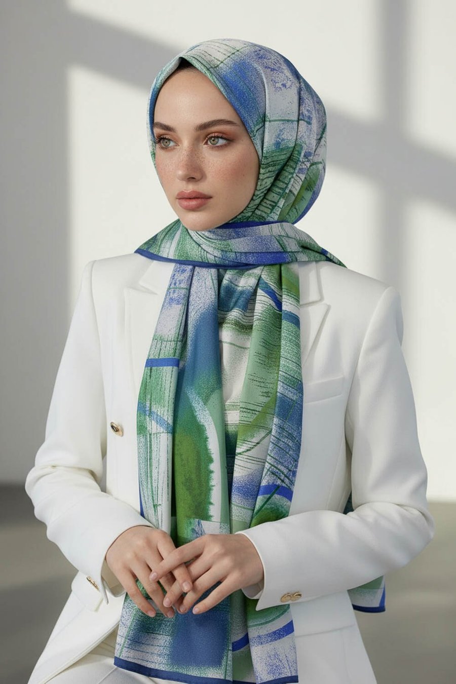 KREP GEOMETRİK DESENLİ SAKS RENKLİ 75X195 KIRIŞMAZ ŞAL