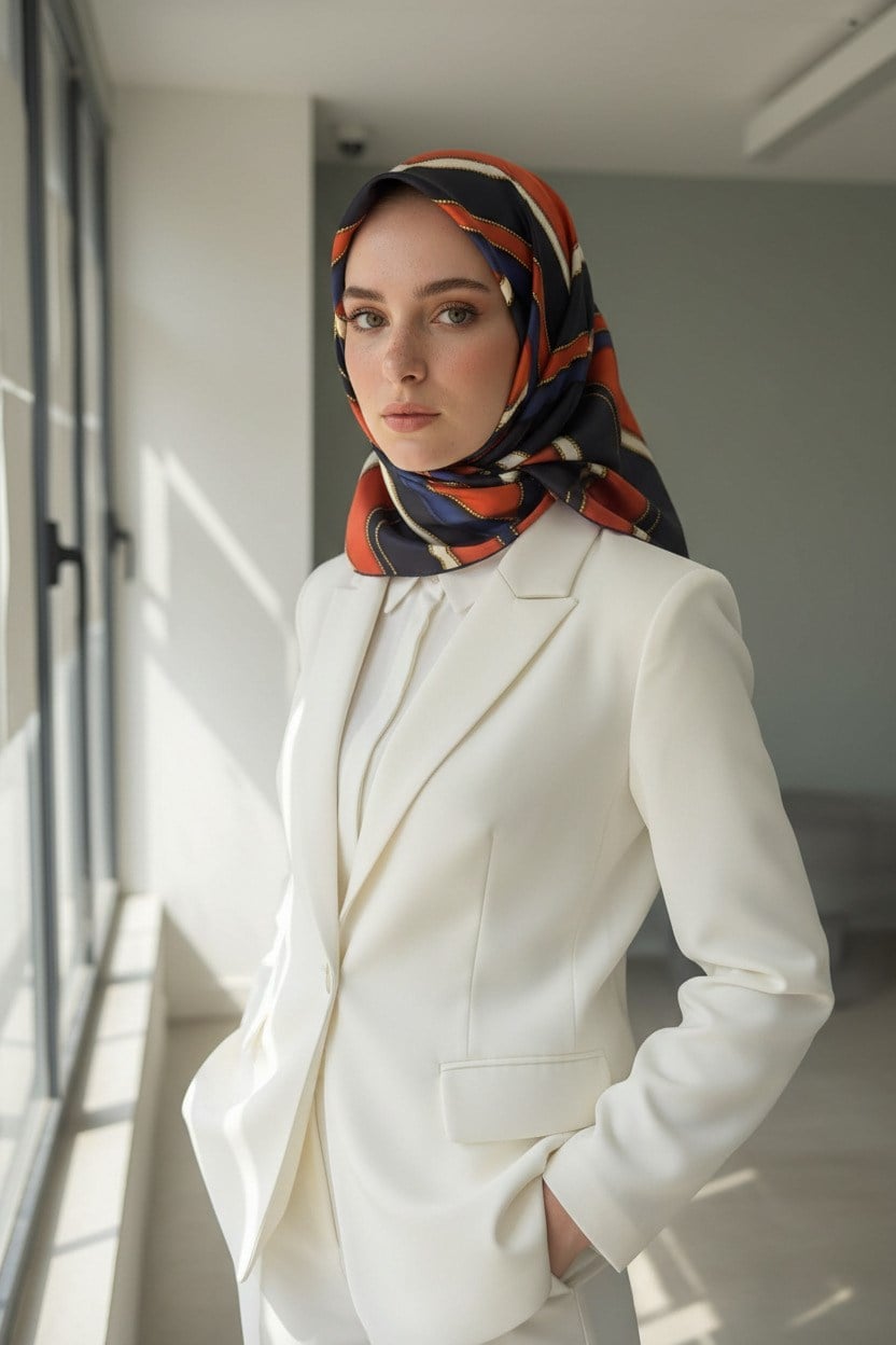 %100 Twill Geometrik Monogram Desenli Lacivert - Taba Renkli 90x90 Eşarp Kenar Dikiş Şekli : El Dikişli