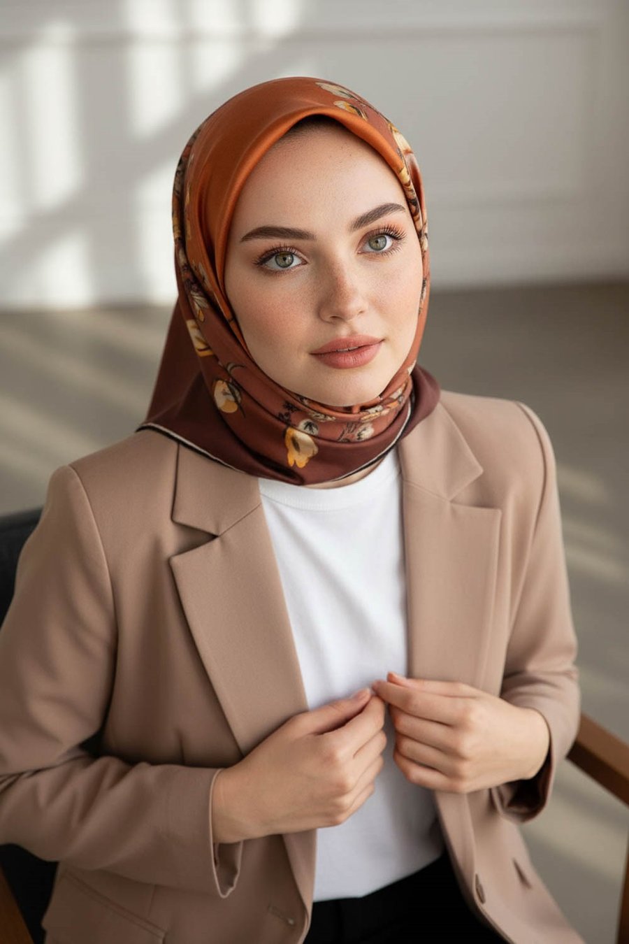 %100 Twill İpek Sonsuz Çiçek Desenli Taba Renkli 90x90 Eşarp Dikim Şekli : El Dikişi