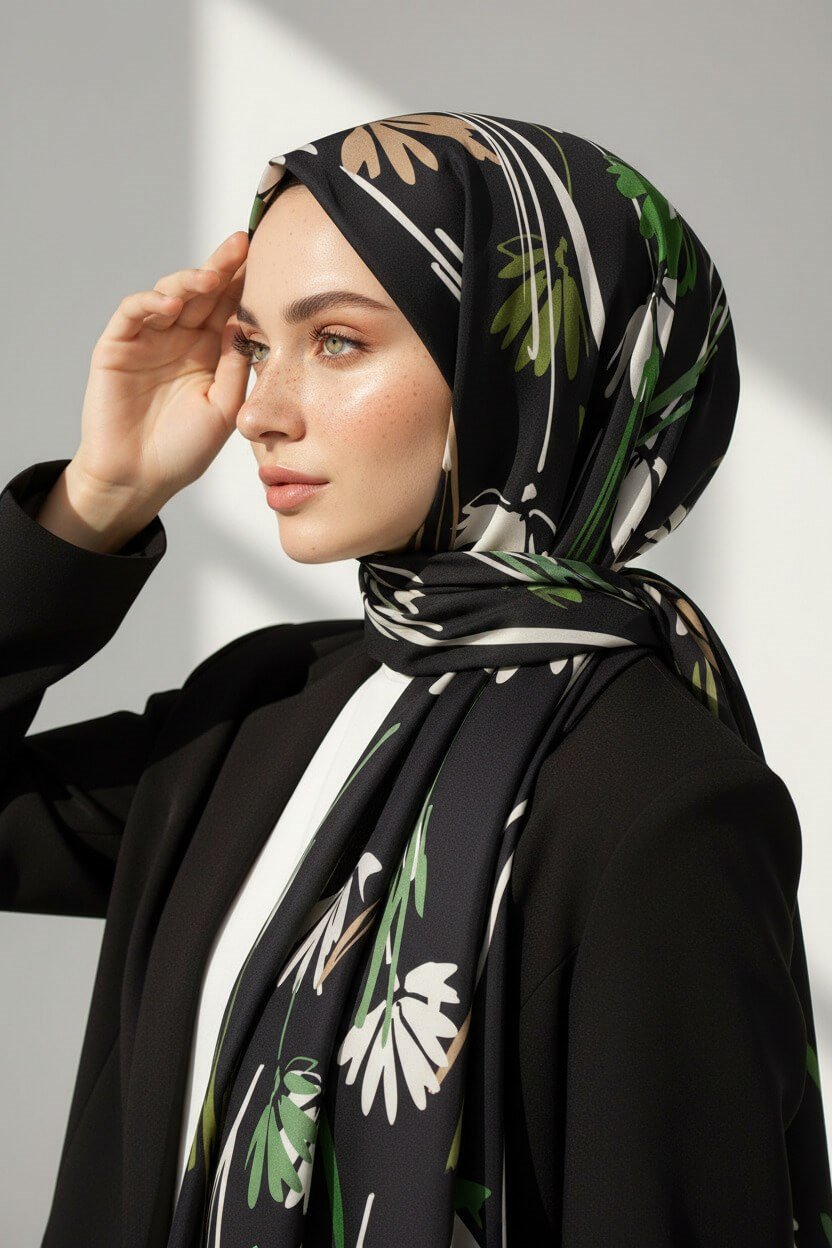 KREP ÇİÇEK DESENLİ ZÜMRÜT YEŞİLİ RENKLİ 75X195 KIRIŞMAZ ŞAL