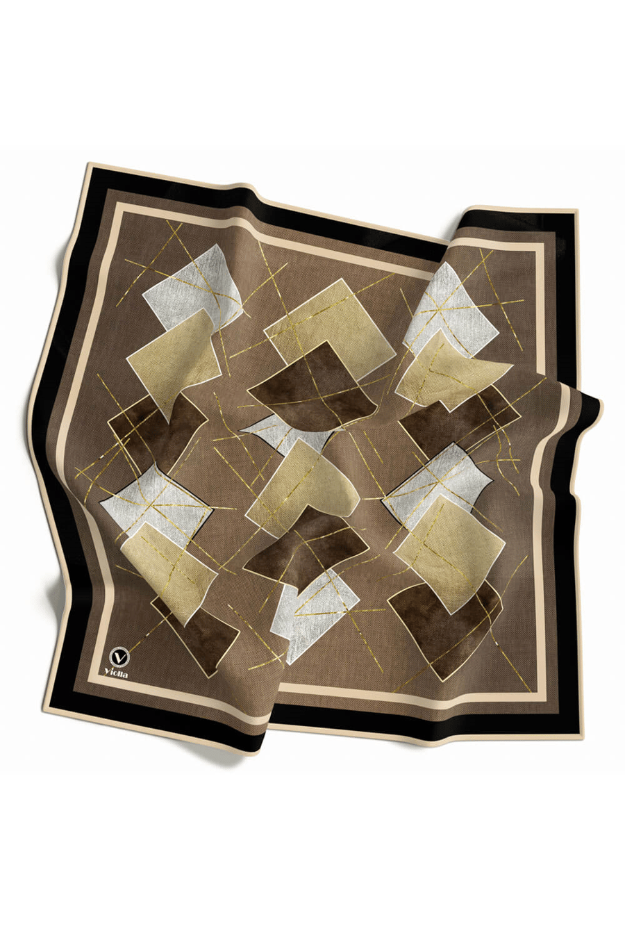 Twill Geometrik Desenli Vizon Renkli 90x90 Eşarp (İpek İçermez) Kenar Dikiş Şekli El Dikişli
