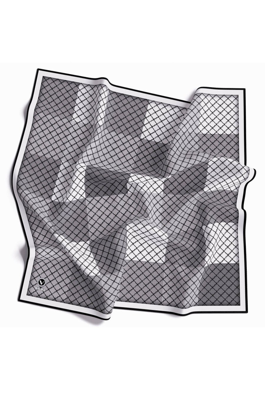 Twill Kare Desenli Gri Renkli 90x90 Eşarp (İpek İçermez) Kenar Dikiş Şekli El Dikişli